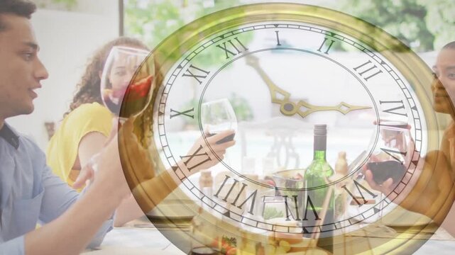 Host lifting glass toasting meal, group clinking at dining table with bottle, clock overlay moving