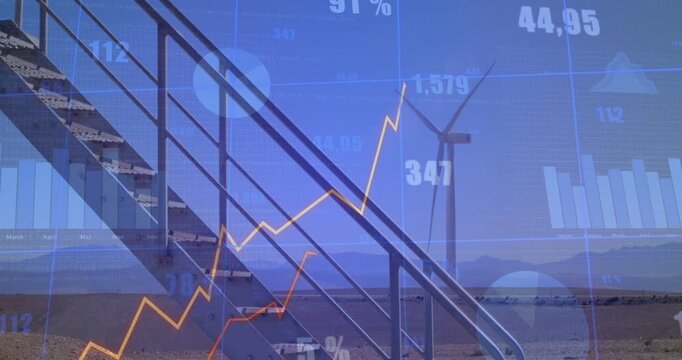 Wind energy tech descending turbine stairs after device alert, animated charts tracking inspection