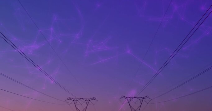 Camera panning down, towers rising along corridor, purple network tracing energy flow above wires