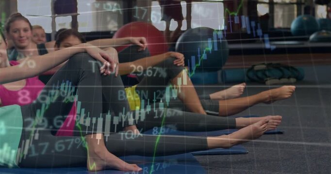 Women holding side core pose while camera panning with market charts appearing for finance theme