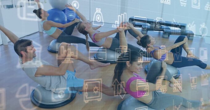 Five fitness members on cue leaning back lifting legs on BOSU, icons overlaying frames for core