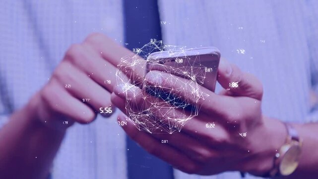 Hands holding phone and tapping screen, starting 3D network sphere forming and showing live data