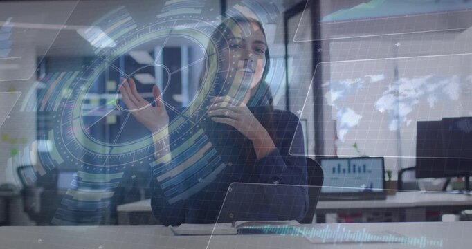 Woman presenter starting smiling clasping then explaining tech data with rotating UI tracking hands