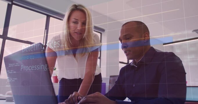 Pointing woman in white top guiding man typing laptop, checking phone at office, HUD deleting files