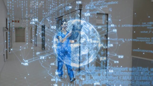Woman clinician walking corridor, approaching hologram, opening scan, inspecting for diagnosis