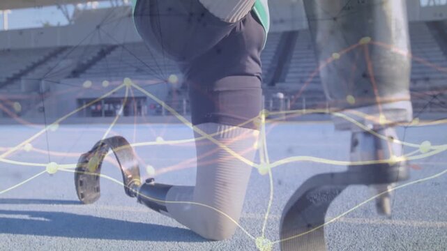 Rising camera teen runner in shorts adjusting prosthetic blades preparing to run on track overlay