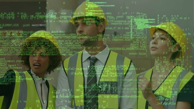 Construction team tapping tablet causing green code across group donning hard hats confirming plans