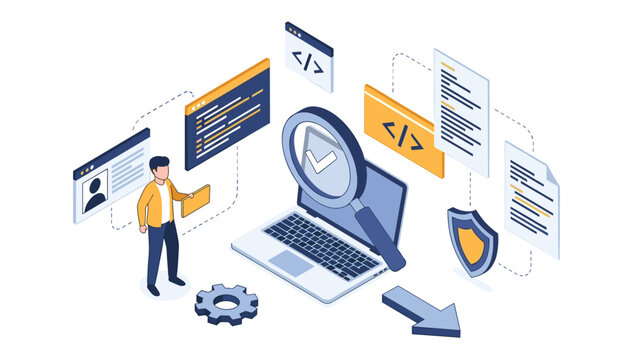 Professional man using a large magnifying glass to inspect computer code on a laptop screen near security icons.