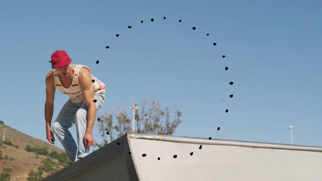 Male skater popping tail on ramp, launching and landing, dotted circle overlay marking sports trick