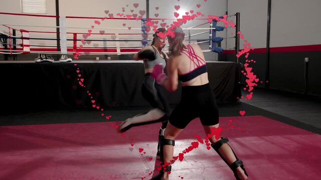 Two fighters stepping in, martial arts sparring, red heart particles arcing into heart around pair