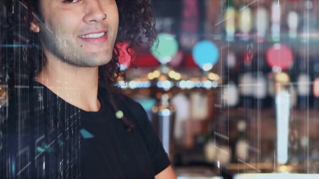 Bartender leaning in bar, camera pulling back revealing turning smile, overlays showing service