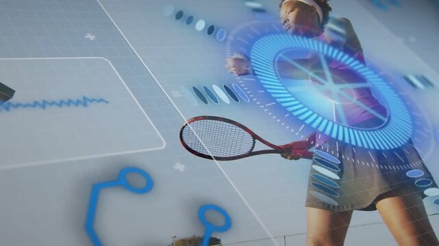 Woman tennis player catching dropped ball shifting grip swinging racket HUD tracking sports data