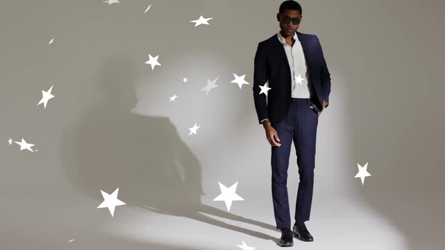 Male model adjusting shades, walking and buttoning jacket for fashion with animated stars appearing