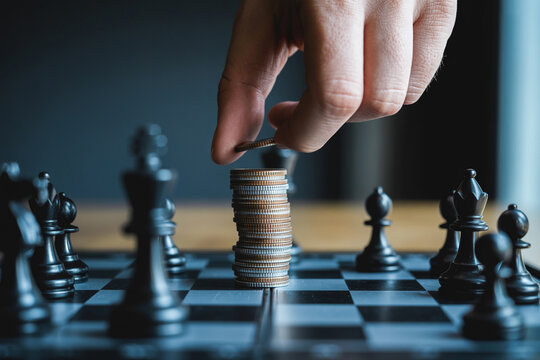 Hand placing coin on top of silver stack in middle of chess board game strategy