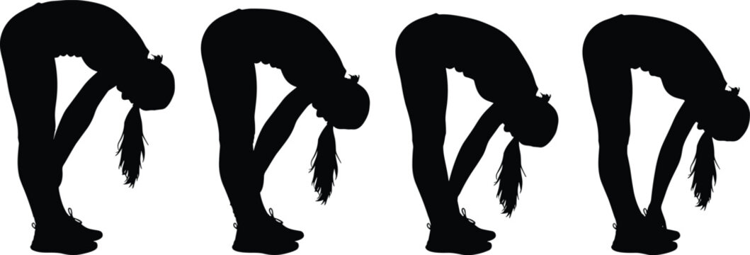 Back pain woman silhouettes collection, female bending forward holding lower back poses, black human body discomfort figures isolated on white background, health concept