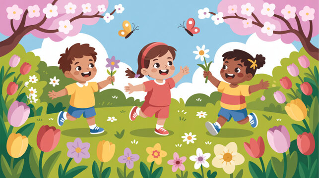 Happy children playing, kids in spring garden, colorful flowers, playful kids illustration