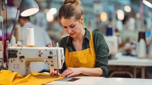 Happy female dressmaker works diligently with a sewing machine in a bright workshop during the day, surrounded by colorful fabrics and tools of the trade