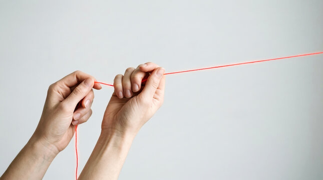 A person's hands delicately hold and pull a taut red thread against a light background, symbolizing connection, guidance, fate, and the delicate balance of relationships or strategic control.