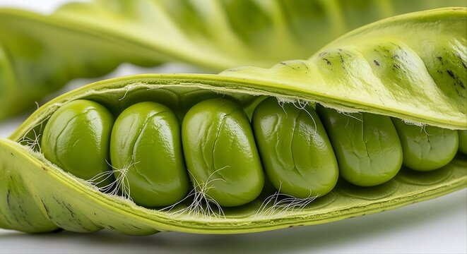 Close-up of a petai (Parkia speciosa) pod, displaying a row of vibrant green seeds nestled inside