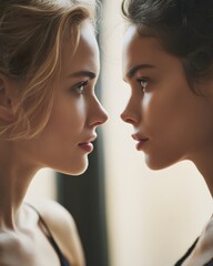 Fototapeta premium Two Women Facing Each Other in Symmetrical Portrait Showing Emotional Tension and Duality