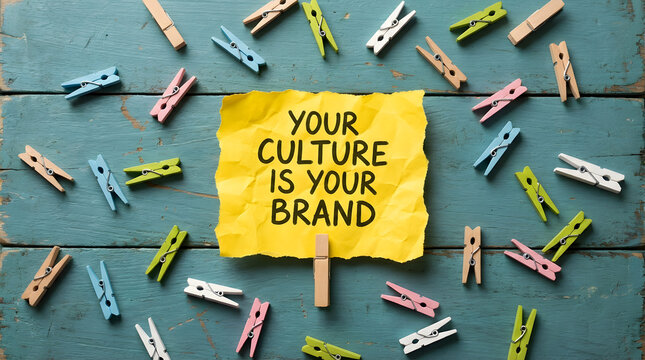 Your Culture Is Your Brand message on yellow paper surrounded by colorful clothes pegs on rustic blue wood