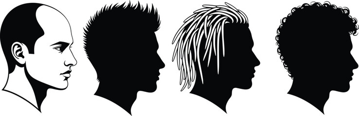 Male profile silhouettes collection, men head side view with different hairstyles, black barber fashion portraits isolated on white background, hairstyle diversity concept © Hello World