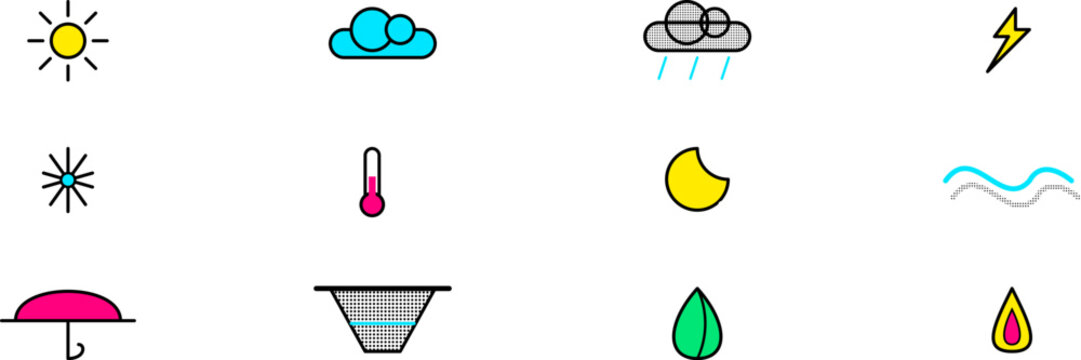 Hand-drawn neo-brutalist halftone icons for weather and environmental forecasting widgets set on white background illustration