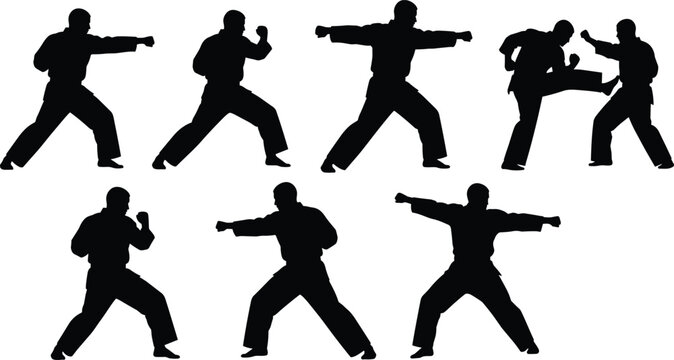 Martial arts silhouettes collection, karate fighters punching and kicking poses, combat training action figures black shapes isolated on white background, sport concept