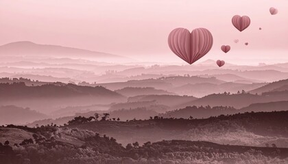 Fototapeta premium Muted Rose Fog Layers Background with Misty Mountain Silhouettes and Floating Hearts, Moody Romantic Landscape for Travel Literature, Emotional Poetry, and Serene Nature Art Graphic