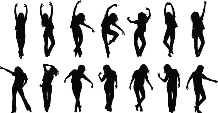 Silhouette collection of dancing woman poses, energetic female dancer movements, modern dance performance, motion sequence, rhythm expression, isolated on white background, dynamic lifestyle concept