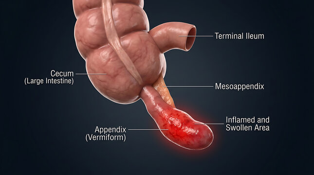 Appendicitis: 3D Medical Illustration of Inflamed Human Appendix, Cecum, and Terminal Ileum