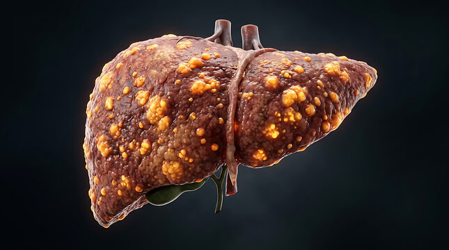 3D render of a severely damaged human liver, depicting cirrhosis, fatty liver disease, or liver cancer with yellow lesions.