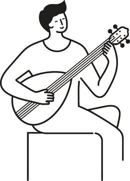 Minimalist line art of a man playing a lute or mandolin, seated and relaxed, simple style