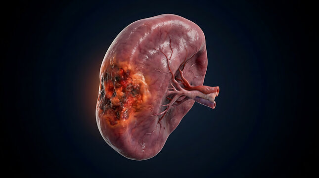 3D rendering of a diseased human spleen with a pathological lesion, tumor, or inflammation. Medical illustration of an affected organ.