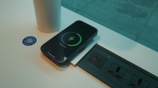 Male hand places smartphone on wireless charging pad, screen lights up and battery starts charging, modern everyday technology, convenience, mobility and clean business workspace concept usage today