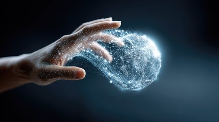 Fototapeta premium Hand Reaches for a Glowing Sphere of Light Representing Technology, Innovation, Data, and Connectivity in a Dark, Mystical Background