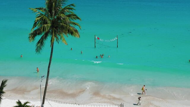 Top down view of calm tropical beach on Koh Phangan. Clear shallow water, palm tree shadow, people walking and swimming, peaceful island atmosphere, slow travel lifestyle and seaside relaxation.