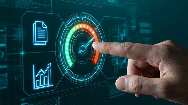 Futuristic digital dashboard interface, hand touching glowing speed meter gauge, performance optimization and data analytics concept visualization
