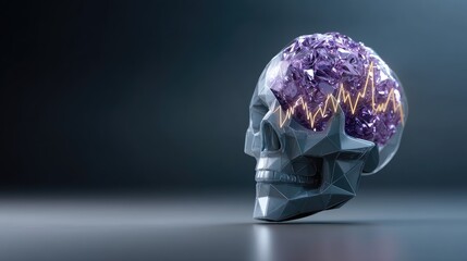 Obraz premium Intricate Skull Design with Crystal Elements and Abstract Brainwave Visuals for Conceptual Art and Modern Aesthetic Representations