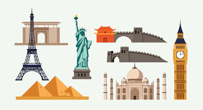 Simplified flat vector graphics depicting famous world landmarks