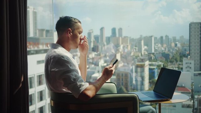 Shocked businessman reading terrible news on smartphone in office crying from stress and disappointment symbol of burnout mental health crisis work pressure bad news concept global economy today shock