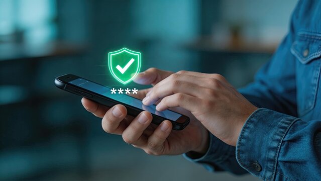 Mobile phone user typing password on screen digital shield icon with check mark cybersecurity concept data protection online privacy secure login authentication technology