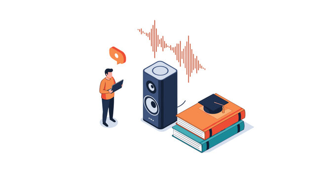 Isometric illustration of a student listening to an audio lesson with a large speaker and a stack of books with a graduation cap.