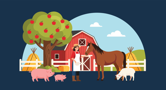 Female farmer stands in front of a red barn with a horse, pigs, and a sheep under a large fruit bearing apple tree.