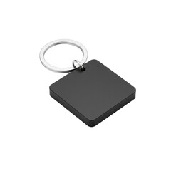 Fototapeta premium Matte black square keychain with polished silver split ring on transparent background, showcasing geometric minimalist design for professional product display