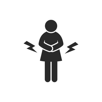 Solid icon of a woman holding her abdomen with pain symbols representing pelvic pain, menstrual cramps, and abdominal discomfort. Suitable for women health, gynecology, and medical topics.
