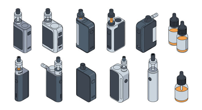 Isometric set of different electronic cigarette devices including mods pods and e-liquid bottles for vaping isolated on a white background.