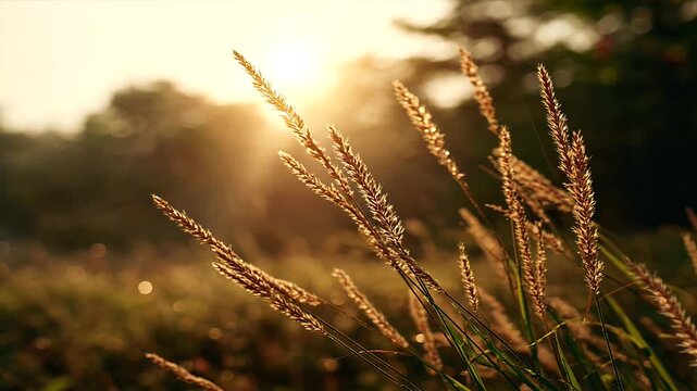 Close-up of golden grasses with the sun shining behind them, blurring the background