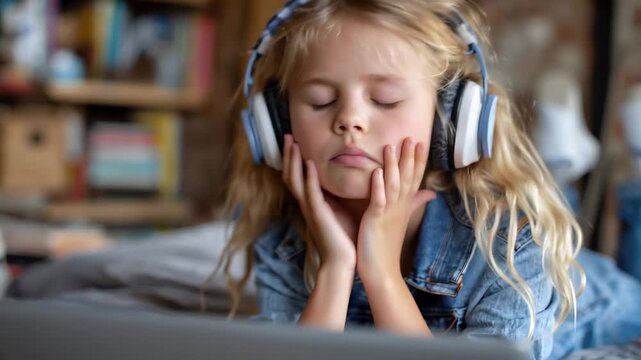 Sad child struggles with online learning while using a laptop in a cozy room filled with books and personal items during a quiet study session