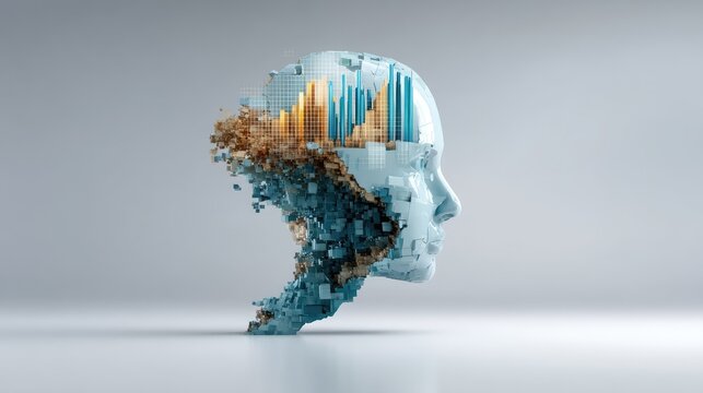 Abstract representation of a human head made with digital blocks, symbolizing data, technology, innovation, and the future of artificial intelligence in a modern setting